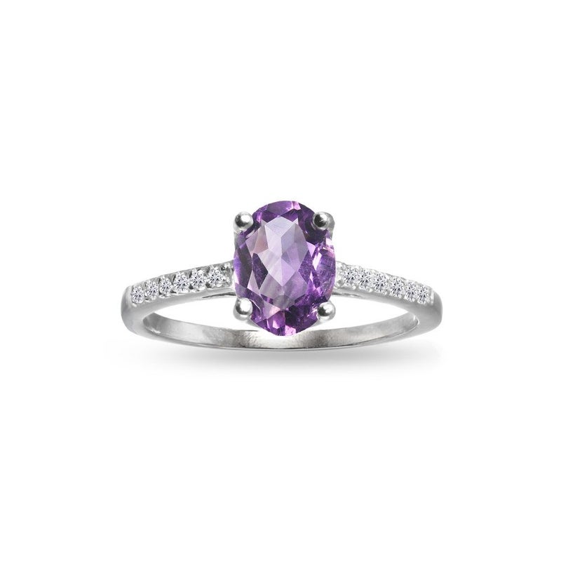 GemStar USA Sterling Silver Amethyst and White Topaz Oval Crown Ring, Size 9 - Image 1